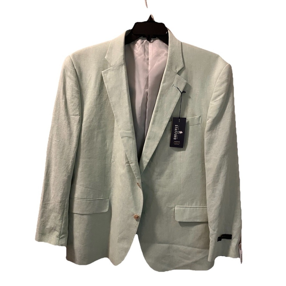 Stafford Signature Sport Coat 46R Mint Green Linen Cotton Classic Fit Blazer NWT